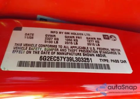 2009 Pontiac G8 Gt z USA, uszkodzony, nr VIN 6G2EC57Y39L303251